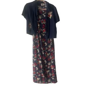 Ease Sport Vintage 90s Women's Size 8 Blue Floral Linen Blend Dress‎ & Cardigan